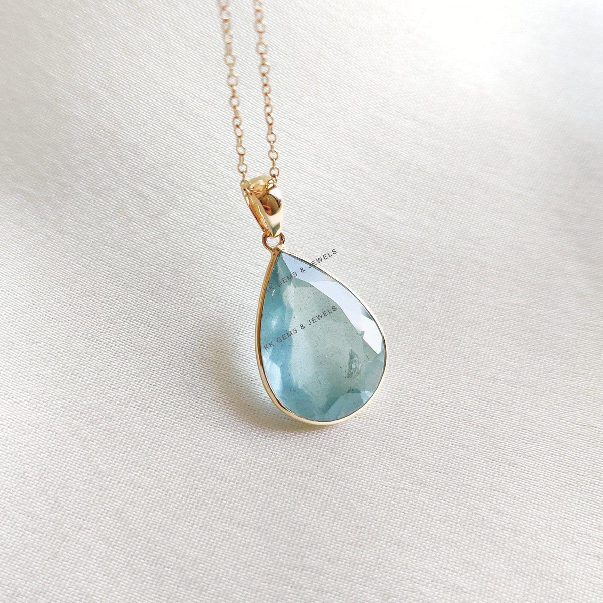 Natural Aquamarine 14K Solid Yellow Gold Pear Pendant, March Birthstone