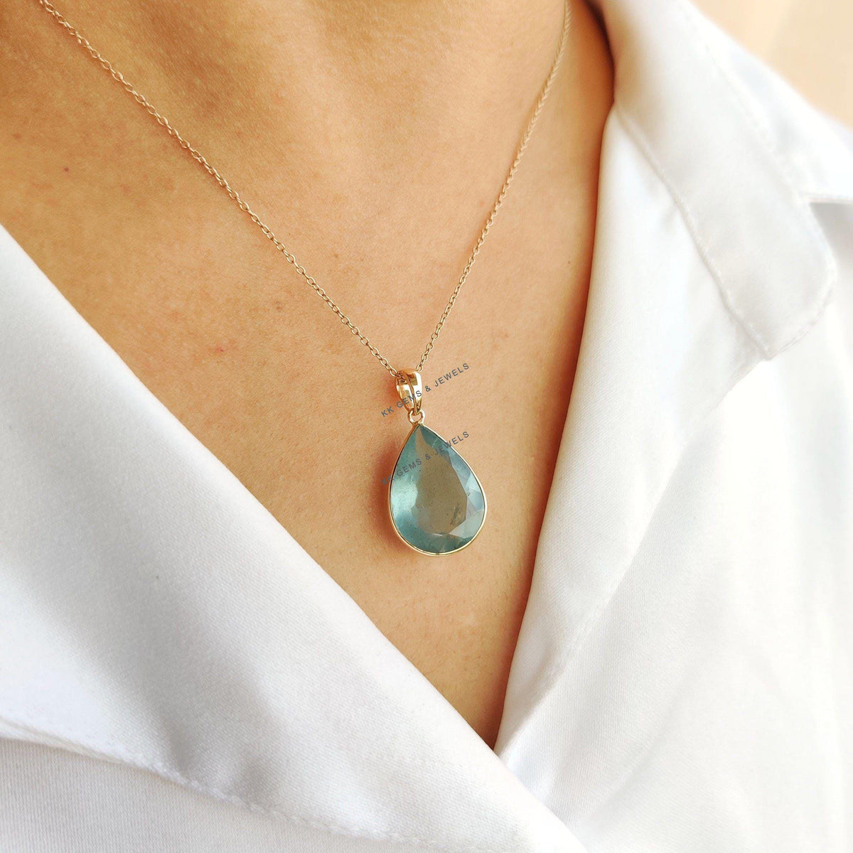 Natural Aquamarine 14K Solid Yellow Gold Pear Pendant, March Birthstone