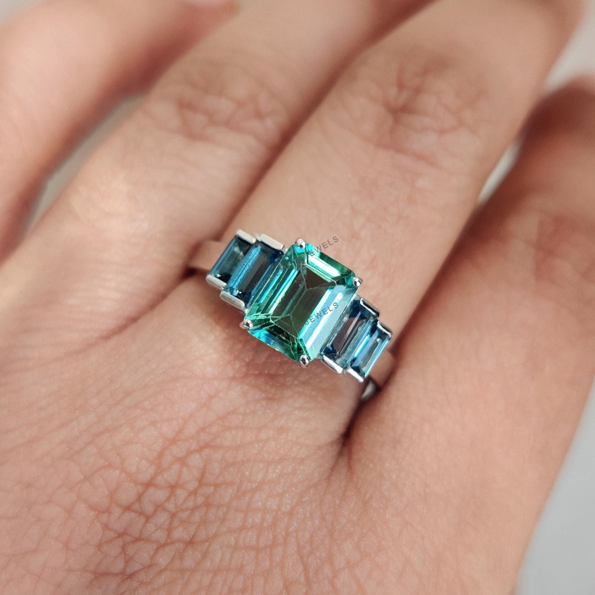 14K Solid White Gold Natural Green Tourmaline & London Blue Topaz Statement Ring