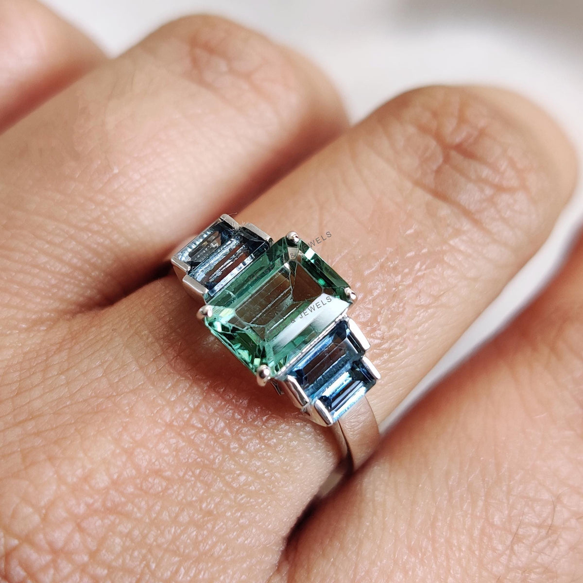 14K Solid White Gold Natural Green Tourmaline & London Blue Topaz Statement Ring
