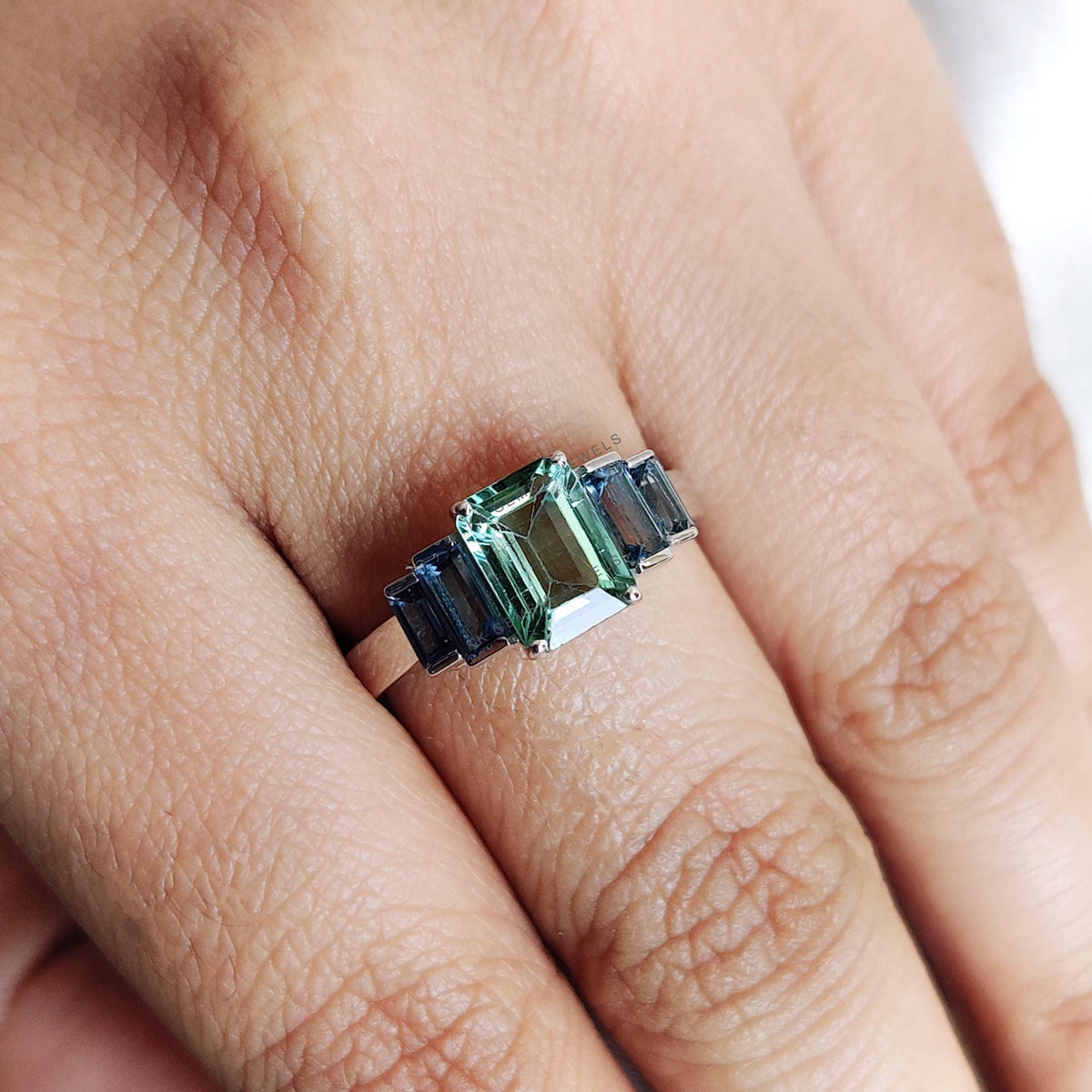 14K Solid White Gold Natural Green Tourmaline & London Blue Topaz Statement Ring