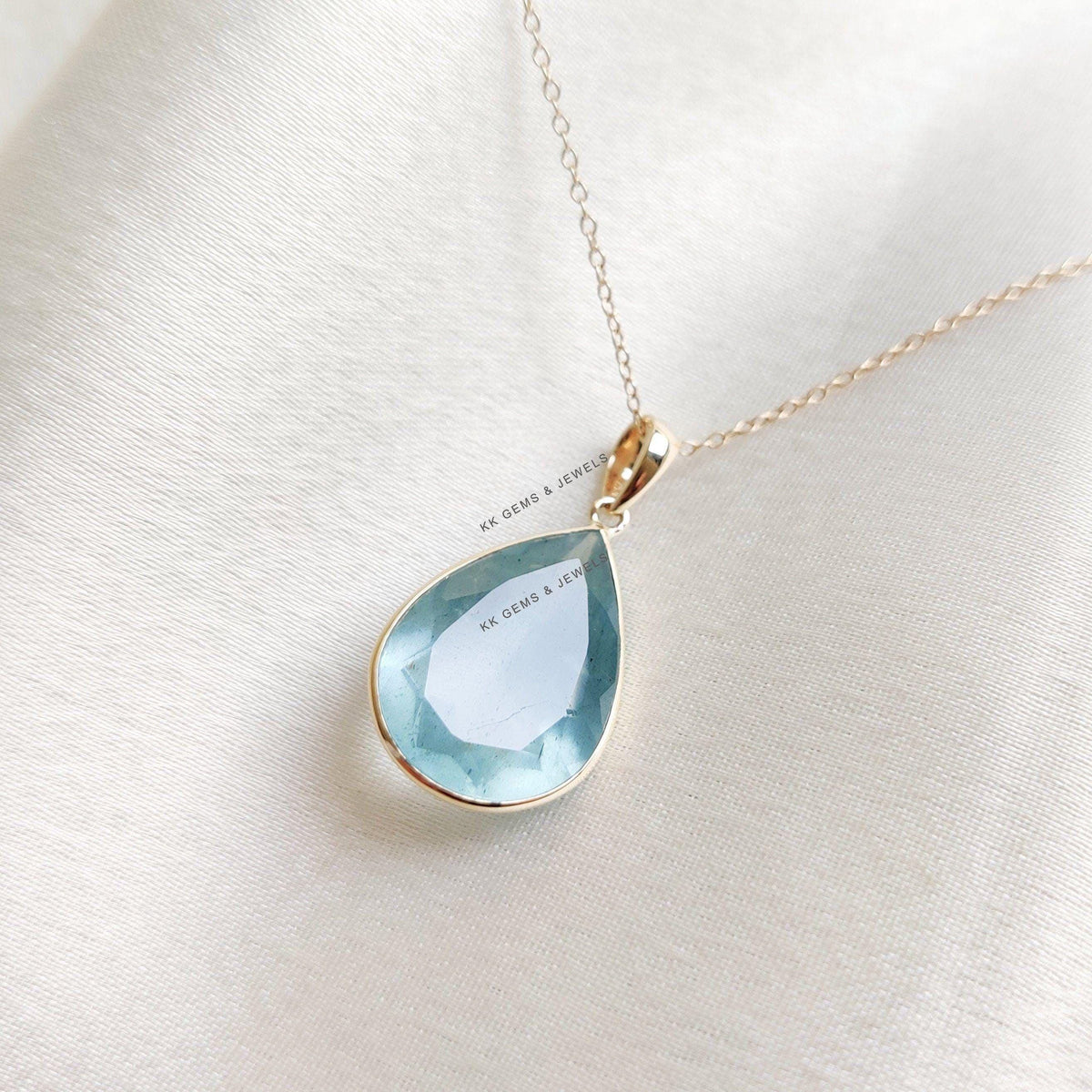 Natural Aquamarine 14K Solid Yellow Gold Pear Pendant, March Birthstone