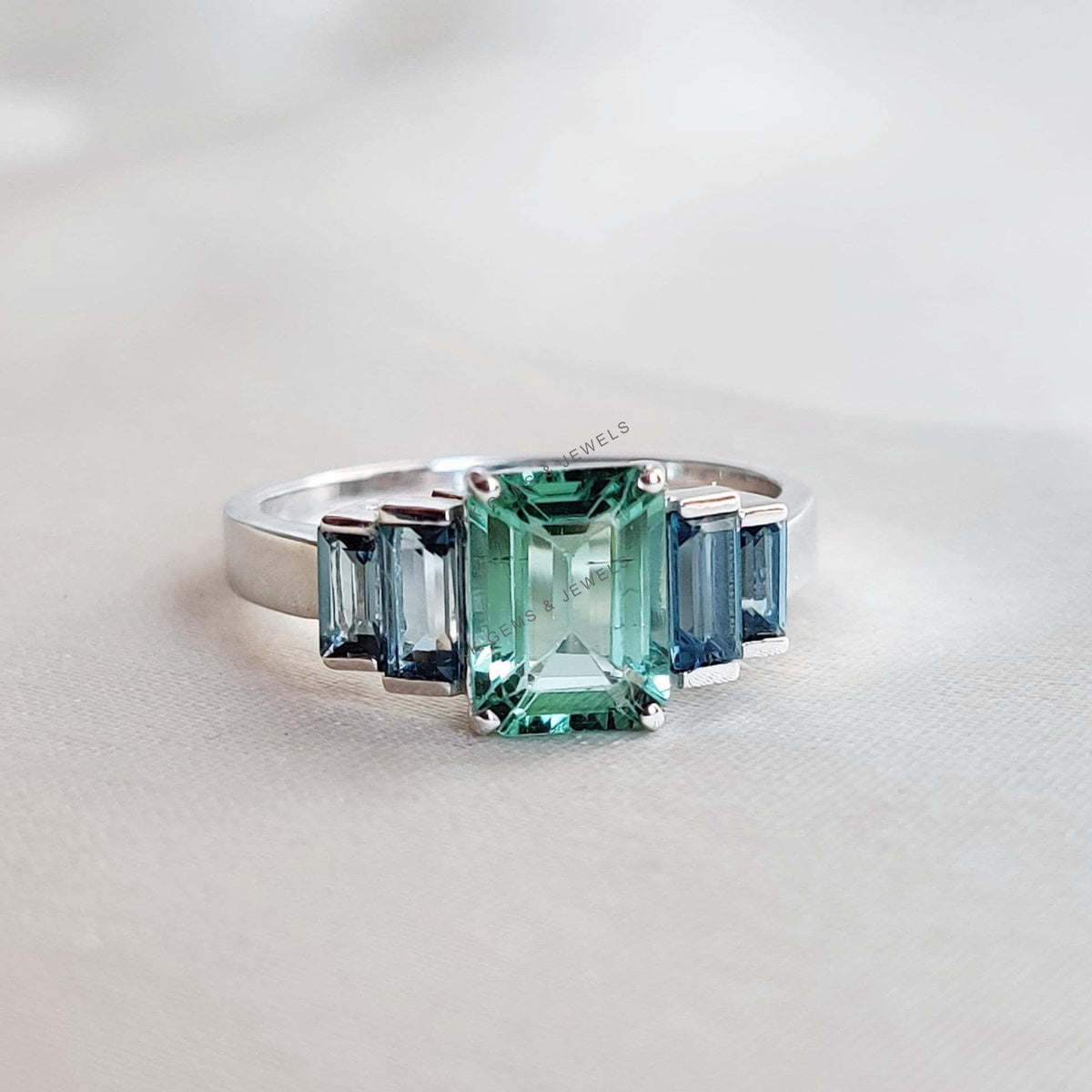 14K Solid White Gold Natural Green Tourmaline & London Blue Topaz Statement Ring