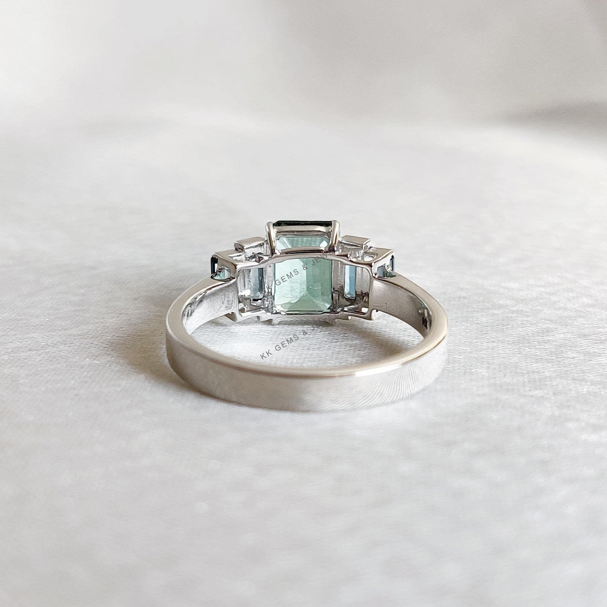 14K Solid White Gold Natural Green Tourmaline & London Blue Topaz Statement Ring