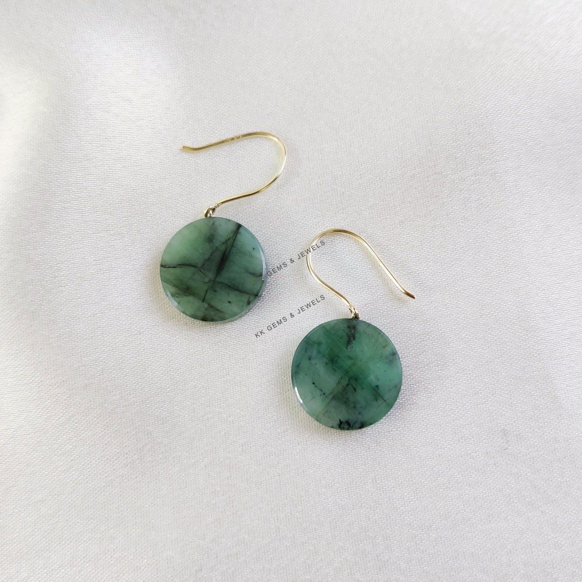 Natural Emerald Drill Earrings, 14K Solid Yellow Gold, May Birthstone