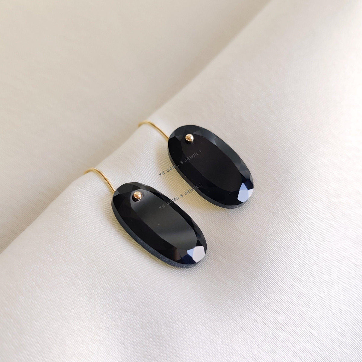 14K Solid Yellow Gold Natural Black Onyx Drill Earrings, December Birthstone