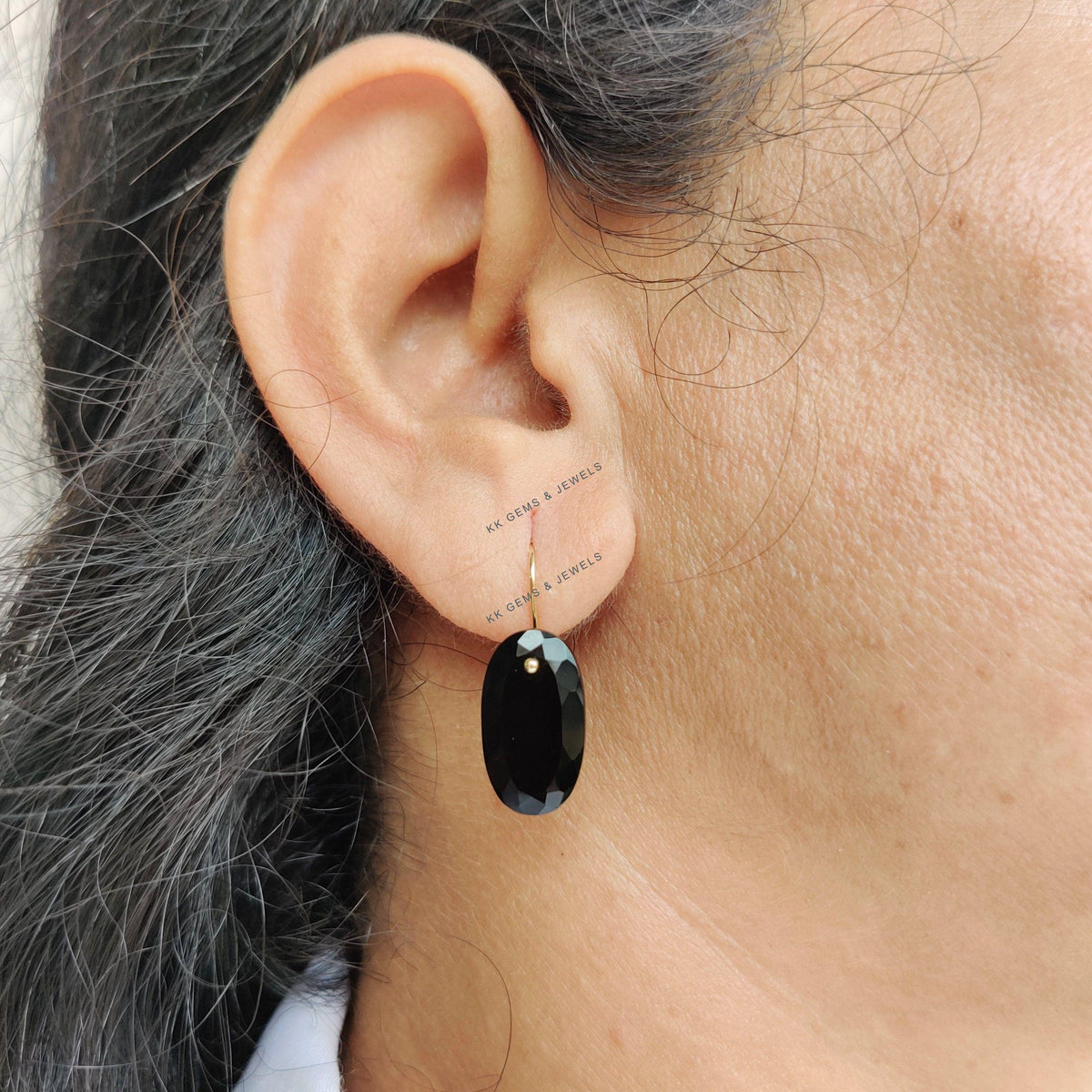 14K Solid Yellow Gold Natural Black Onyx Drill Earrings, December Birthstone