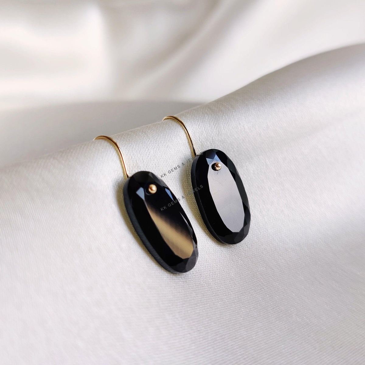 14K Solid Yellow Gold Natural Black Onyx Drill Earrings, December Birthstone