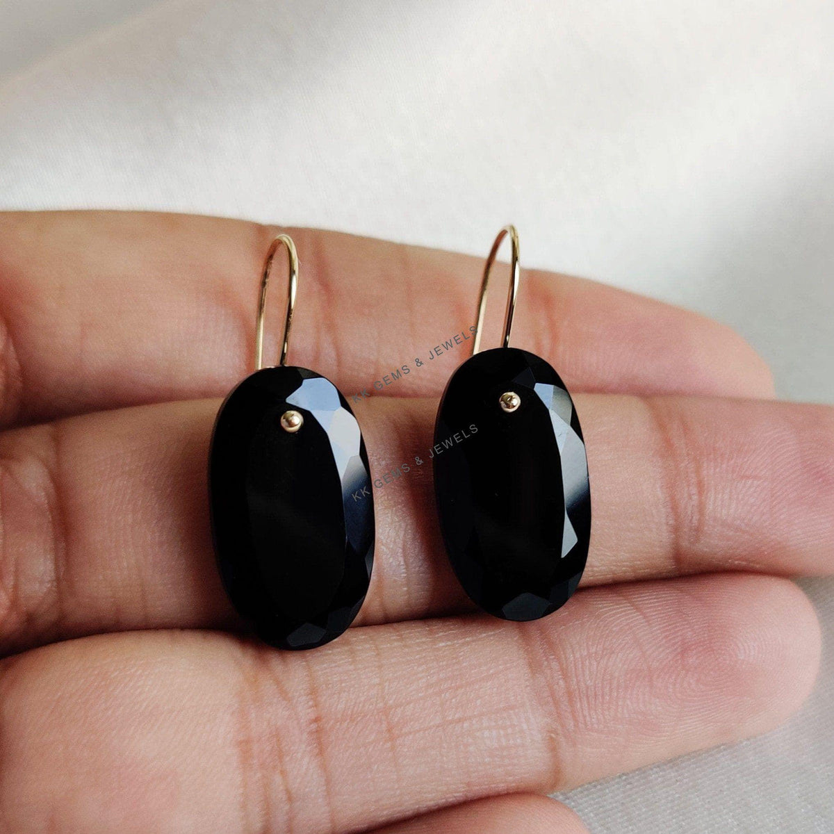 14K Solid Yellow Gold Natural Black Onyx Drill Earrings, December Birthstone