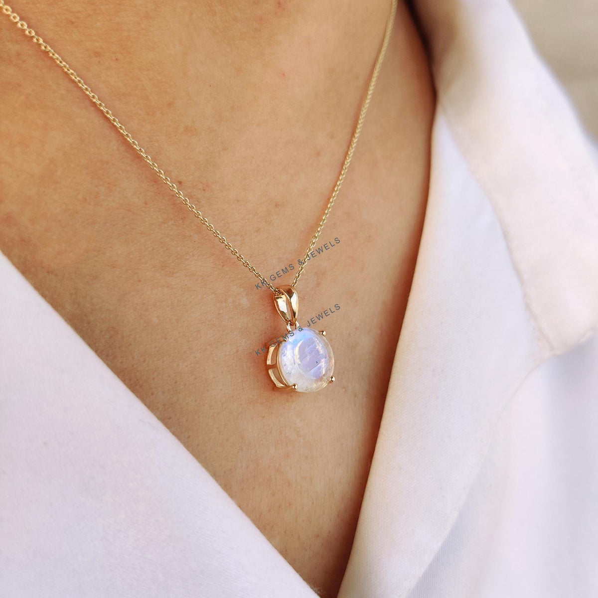 14K Solid Gold Natural Rainbow Moonstone Pendant, June Birthstone Jewelry