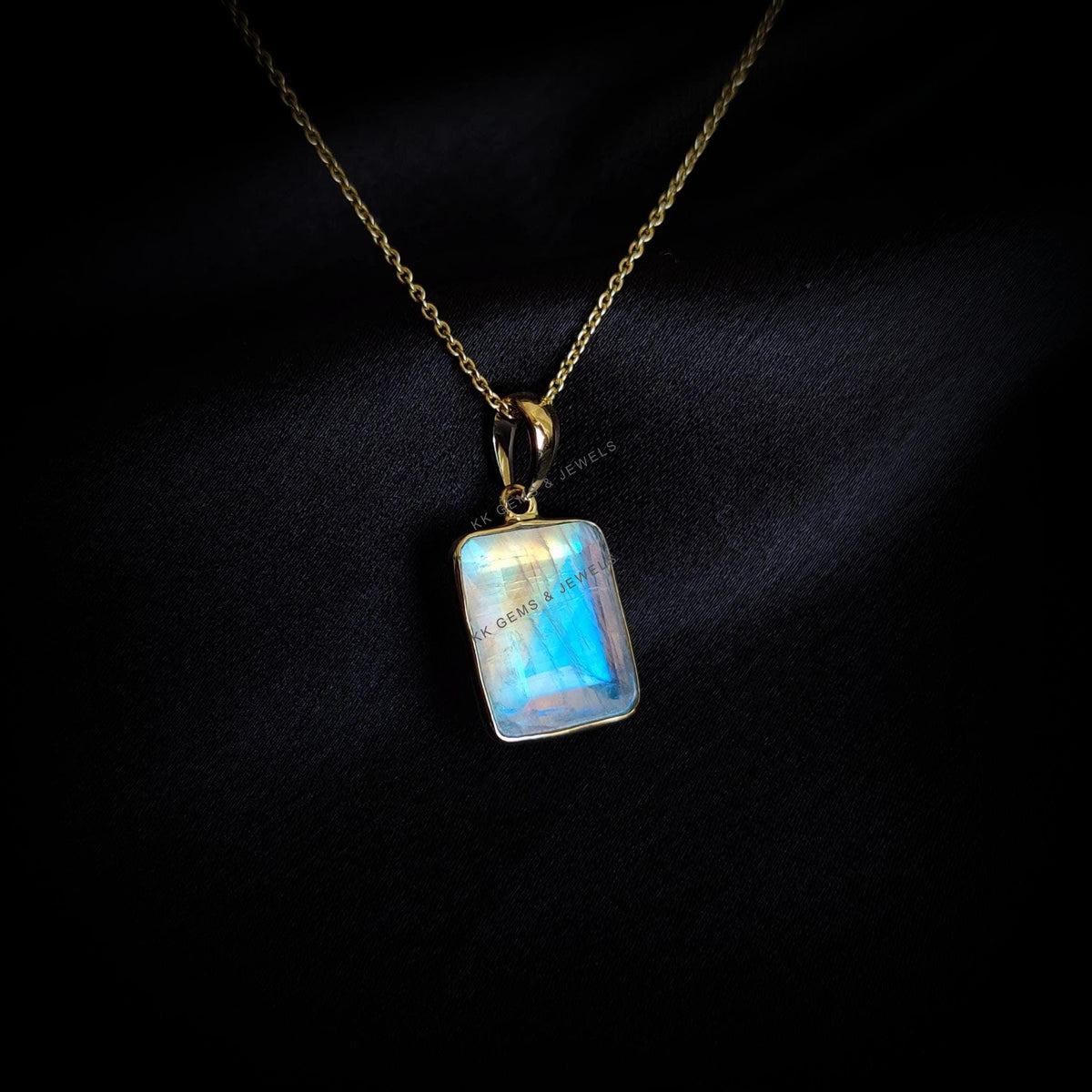Natural Rainbow Moonstone Pendant, 14K Solid Yellow Gold Pendant, June Birthstone