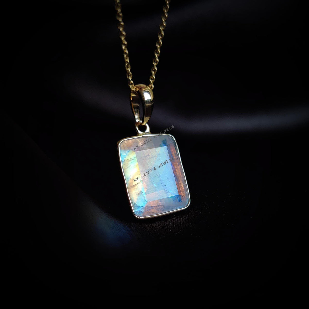 Natural Rainbow Moonstone Pendant, 14K Solid Yellow Gold Pendant, June Birthstone