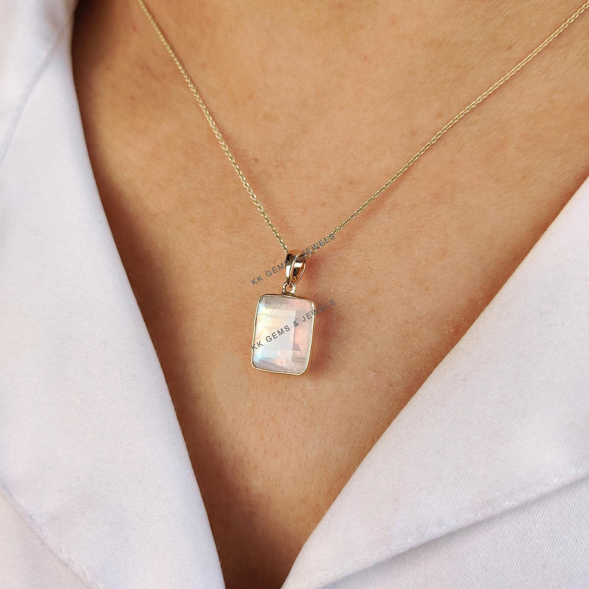 Natural Rainbow Moonstone Pendant, 14K Solid Yellow Gold Pendant, June Birthstone