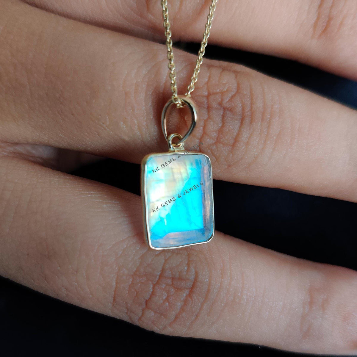 Natural Rainbow Moonstone Pendant, 14K Solid Yellow Gold Pendant, June Birthstone