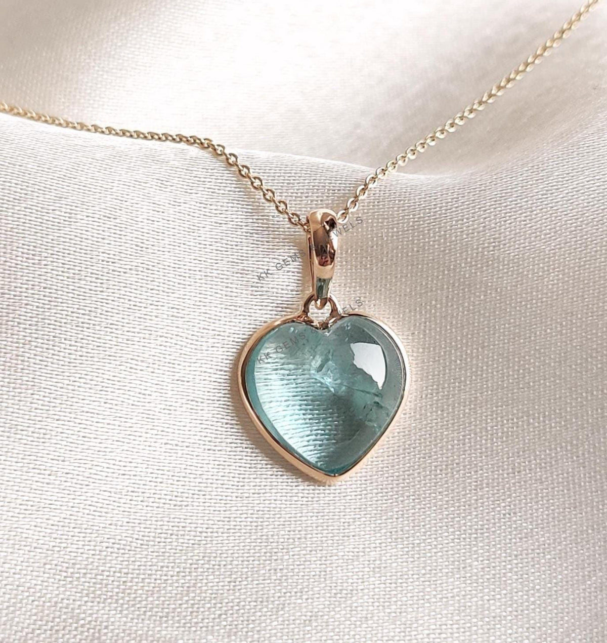 14K Solid Yellow Gold Natural Aquamarine Heart Pendant, March Birthstone, Valentine Gift