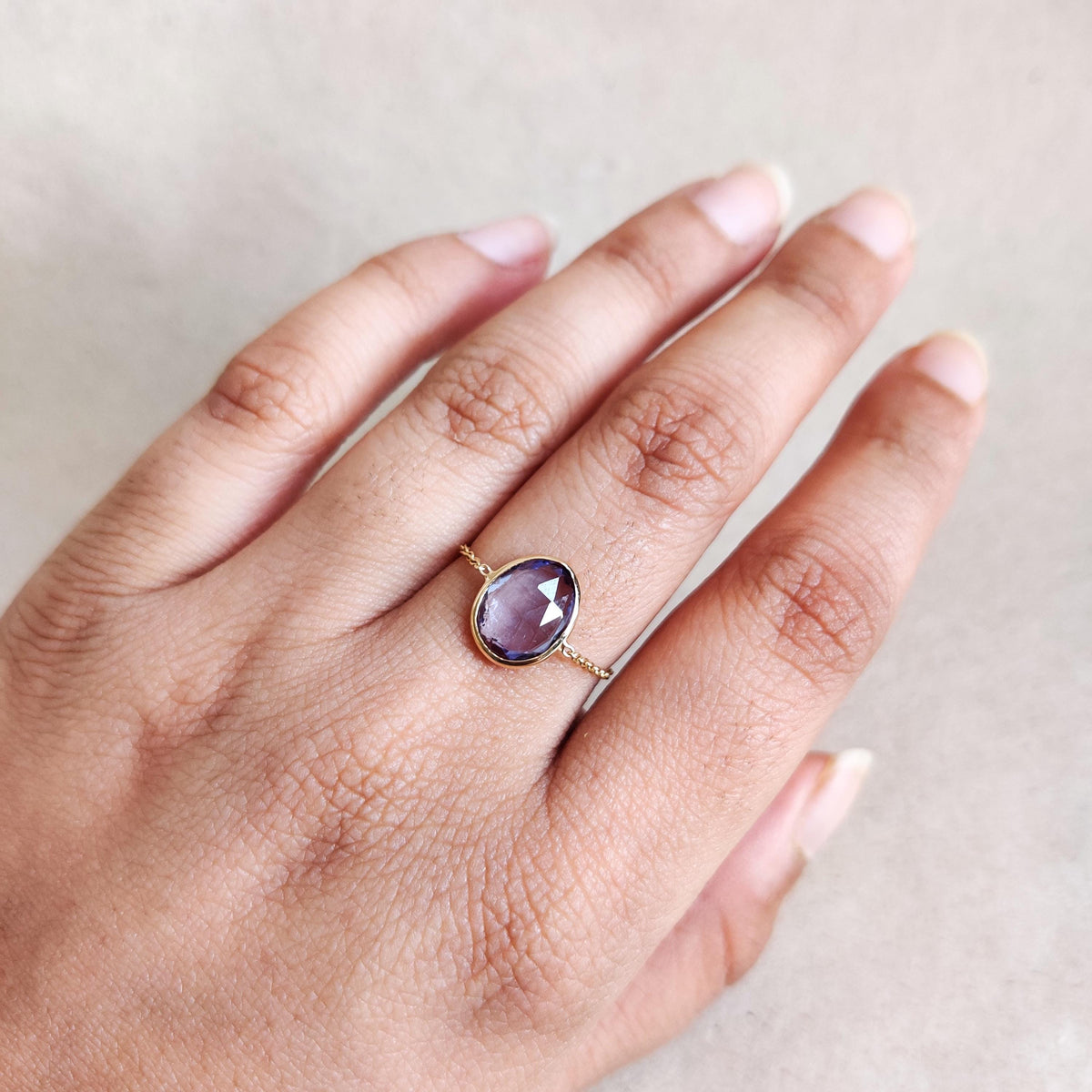 Natural Oval Cut Tanzanite 14K Solid Yellow Gold Chain Ring, December Birthstone, Christmas Present