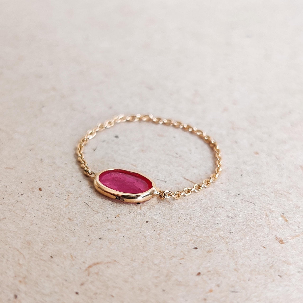 Natural Oval Cut Ruby 14K Solid Gold Chain Ring, July Birthstone, Bezel Set Ring