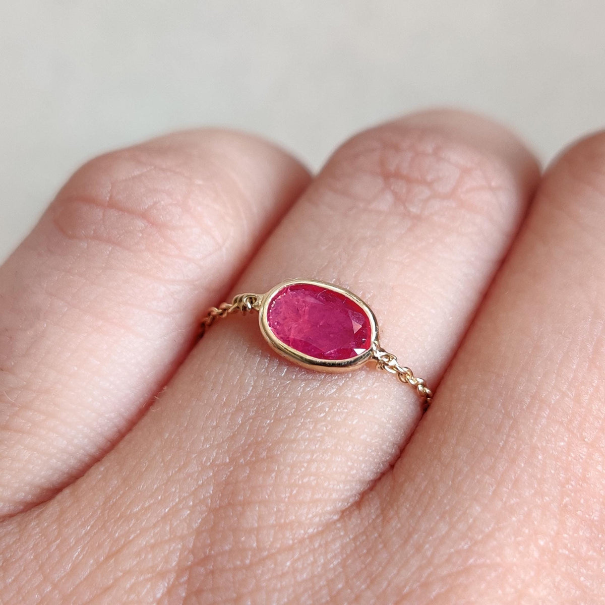 Natural Oval Cut Ruby 14K Solid Gold Chain Ring, July Birthstone, Bezel Set Ring