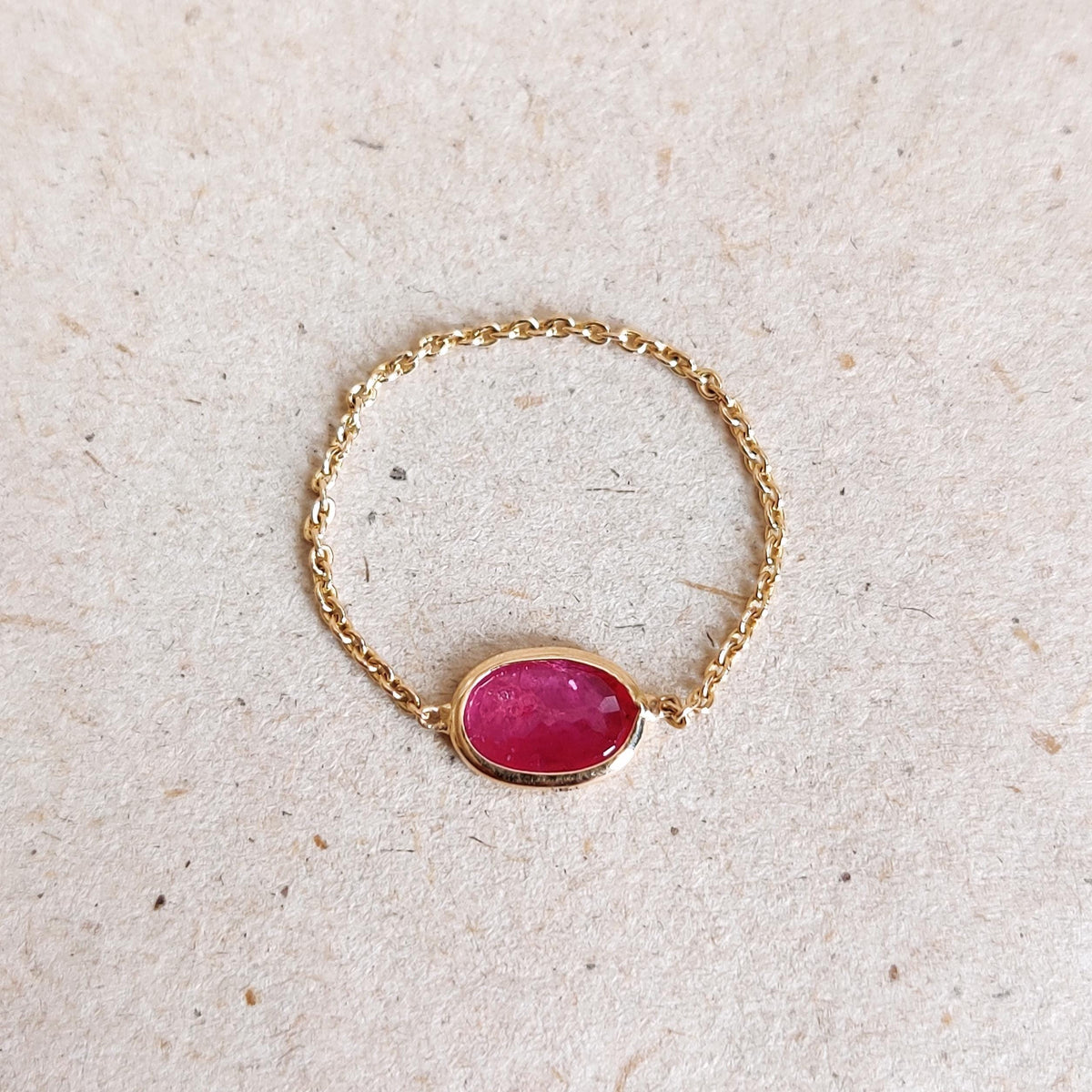 Natural Oval Cut Ruby 14K Solid Gold Chain Ring, July Birthstone, Bezel Set Ring