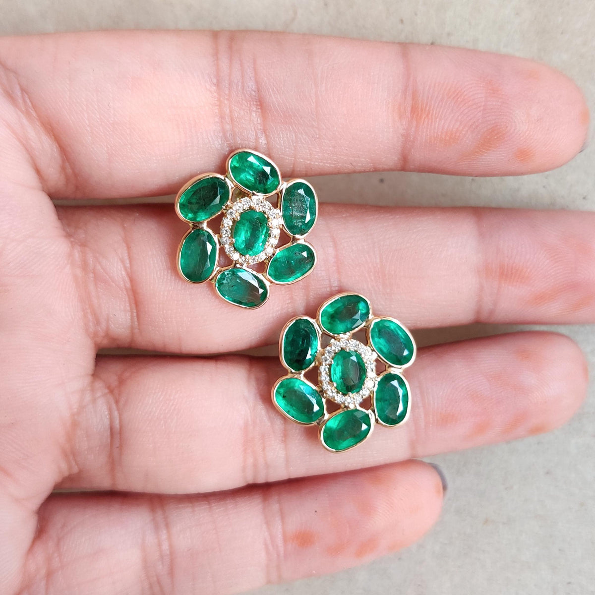 Natural Emerald & Diamond 14K Solid Yellow Gold Earrings, May April Birthstone Studs