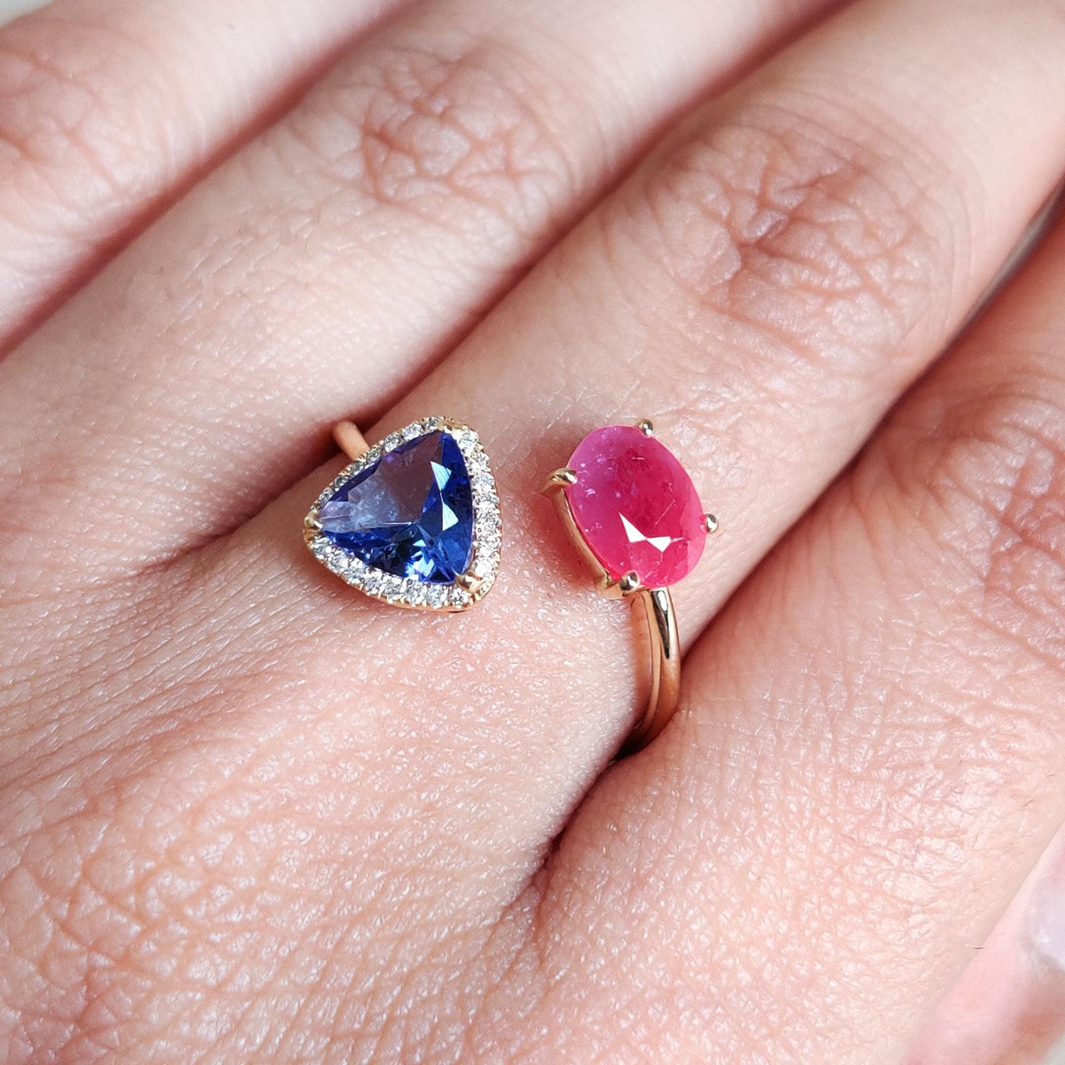 Natural Ruby & Tanzanite and Diamond 14K Solid Yellow Gold Ring, July December Birthstone
