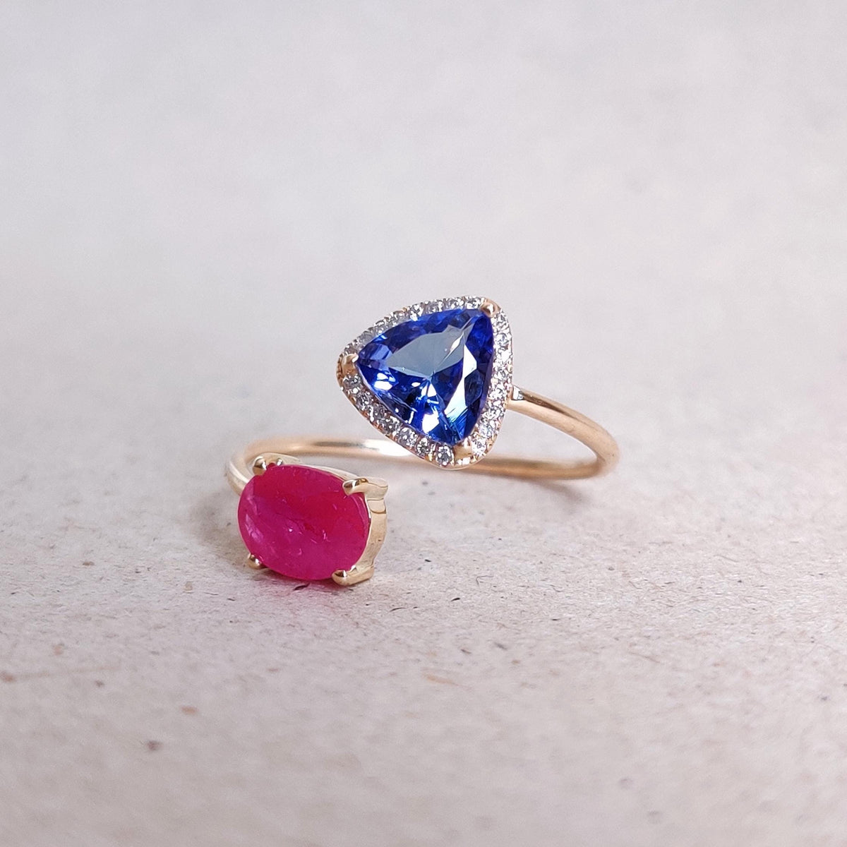 Natural Ruby & Tanzanite and Diamond 14K Solid Yellow Gold Ring, July December Birthstone