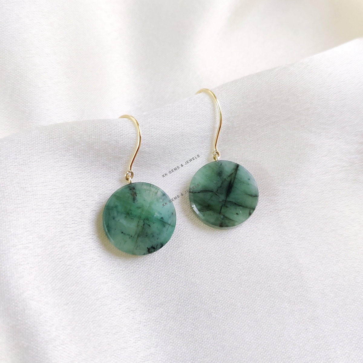 Natural Emerald Drill Earrings, 14K Solid Yellow Gold, May Birthstone