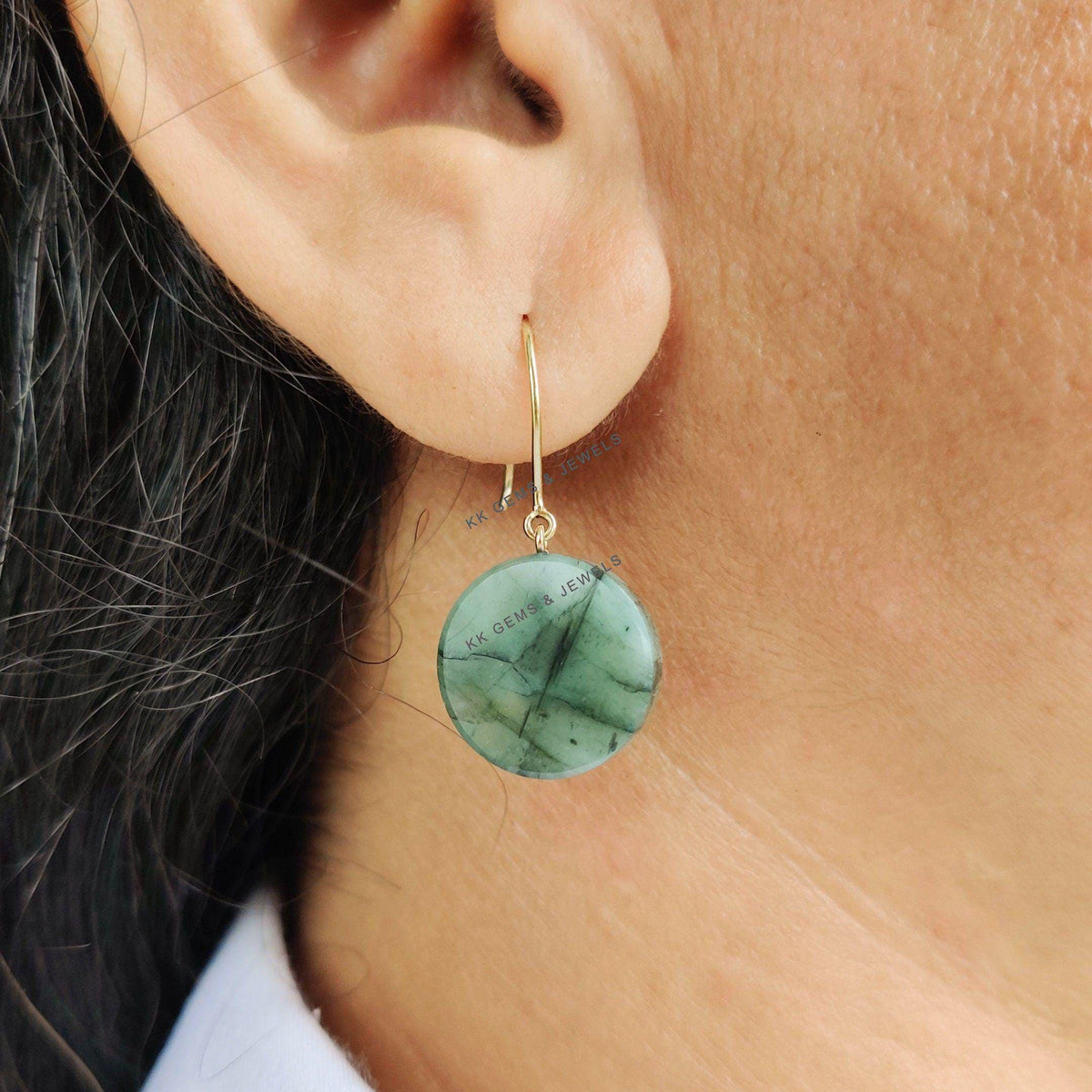 Natural Emerald Drill Earrings, 14K Solid Yellow Gold, May Birthstone