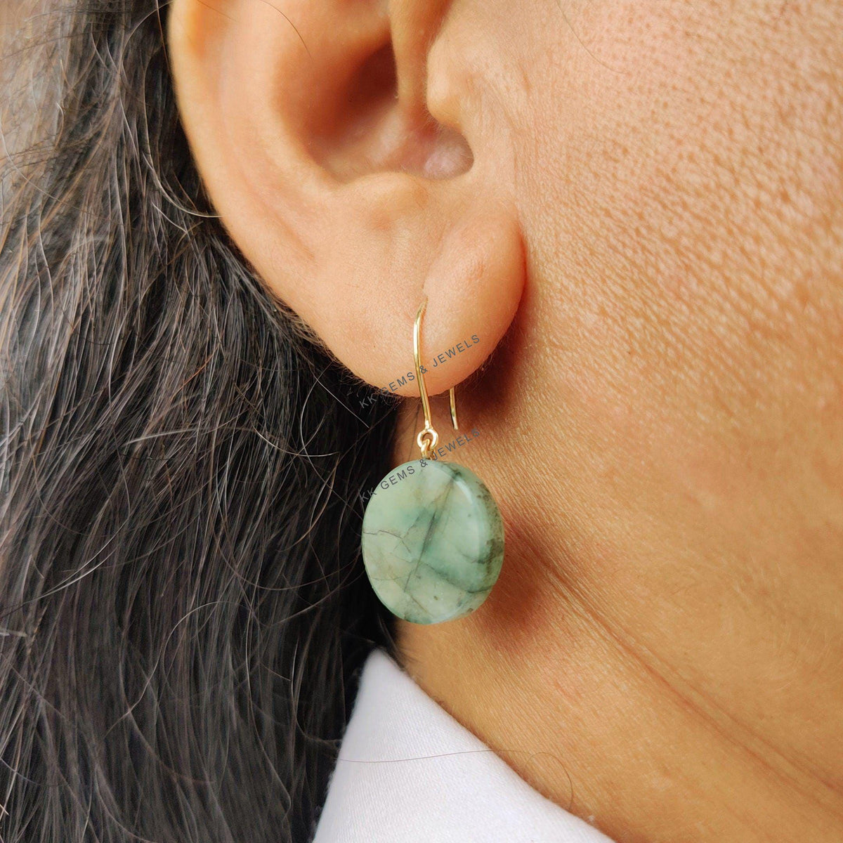 Natural Emerald Drill Earrings, 14K Solid Yellow Gold, May Birthstone