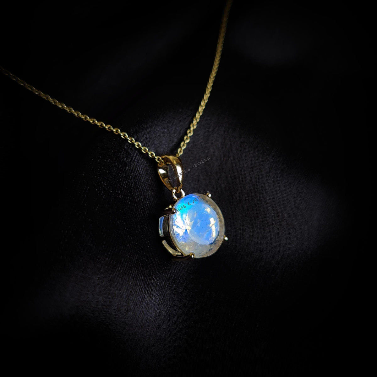 14K Solid Gold Natural Rainbow Moonstone Pendant, June Birthstone Jewelry