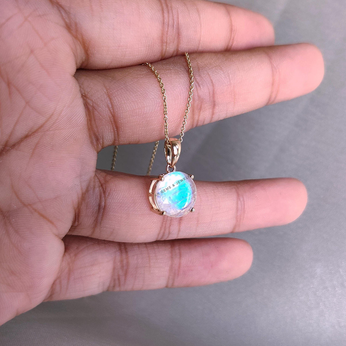 14K Solid Gold Natural Rainbow Moonstone Pendant, June Birthstone Jewelry