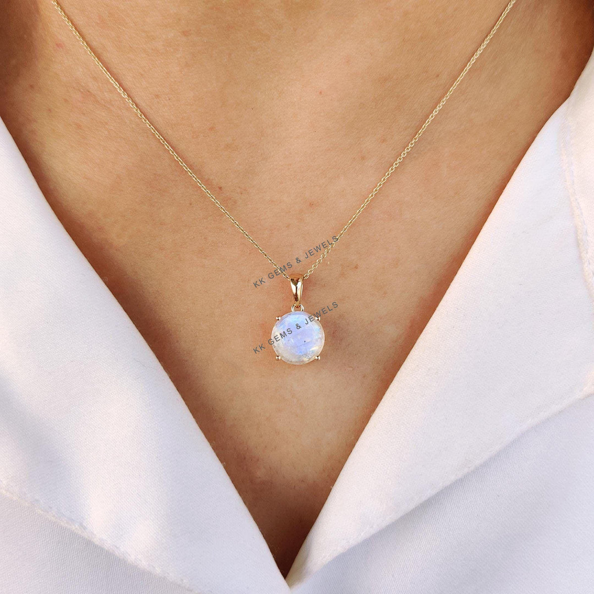 14K Solid Gold Natural Rainbow Moonstone Pendant, June Birthstone Jewelry