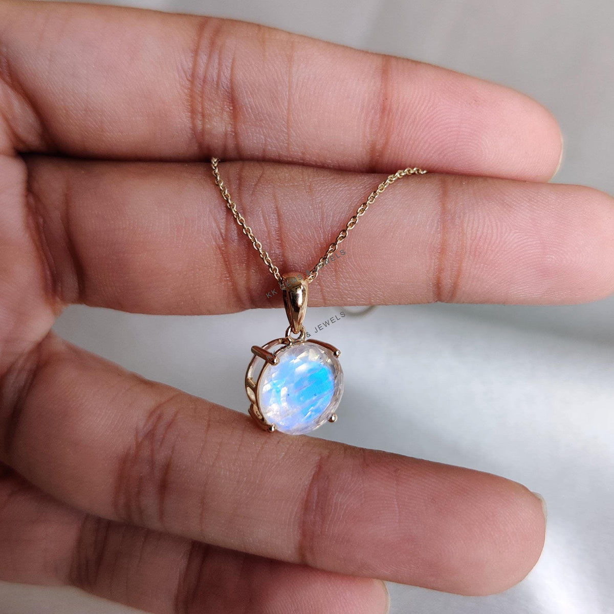 14K Solid Gold Natural Rainbow Moonstone Pendant, June Birthstone Jewelry