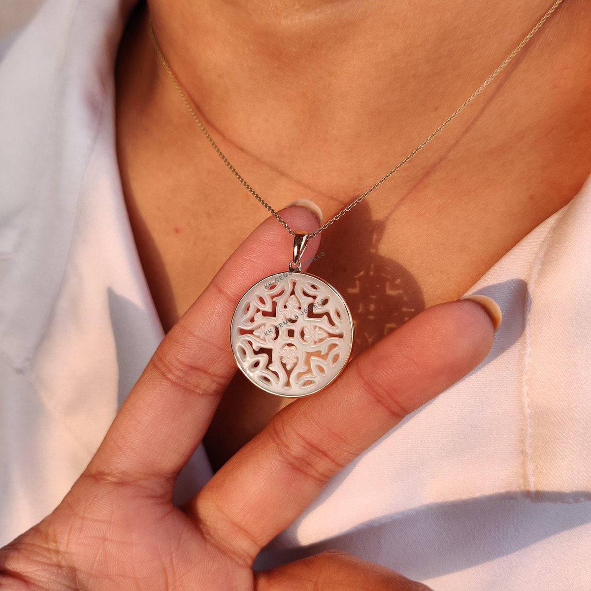 Natural Mother of Pearl Pendant, 14K Solid Yellow Gold, June Birthstone, Christmas Gift