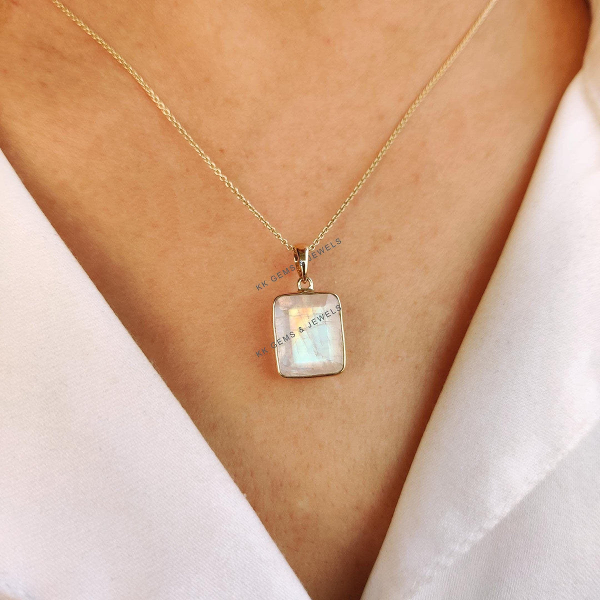 Natural Rainbow Moonstone Pendant, 14K Solid Yellow Gold Pendant, June Birthstone