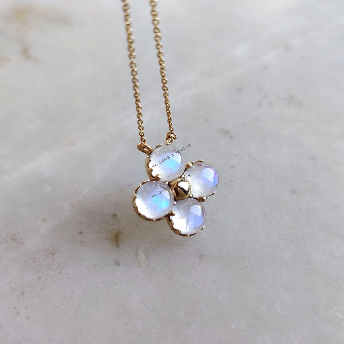 Natural Rainbow Moonstone Chain Necklace, 14K Solid Yellow Gold, Christmas Gift