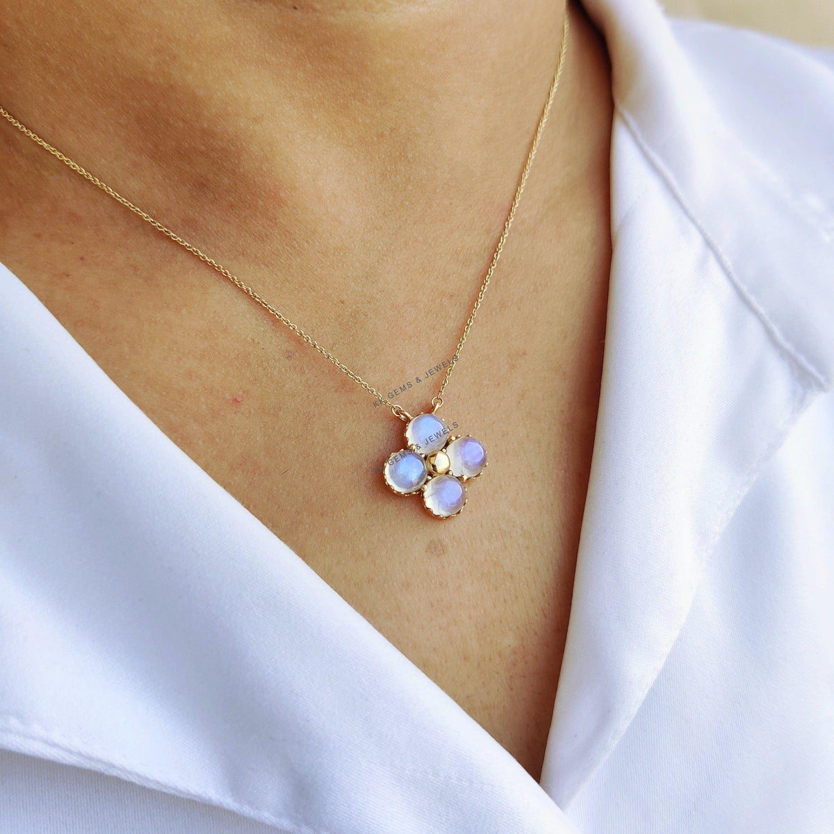 Natural Rainbow Moonstone Chain Necklace, 14K Solid Yellow Gold, Christmas Gift