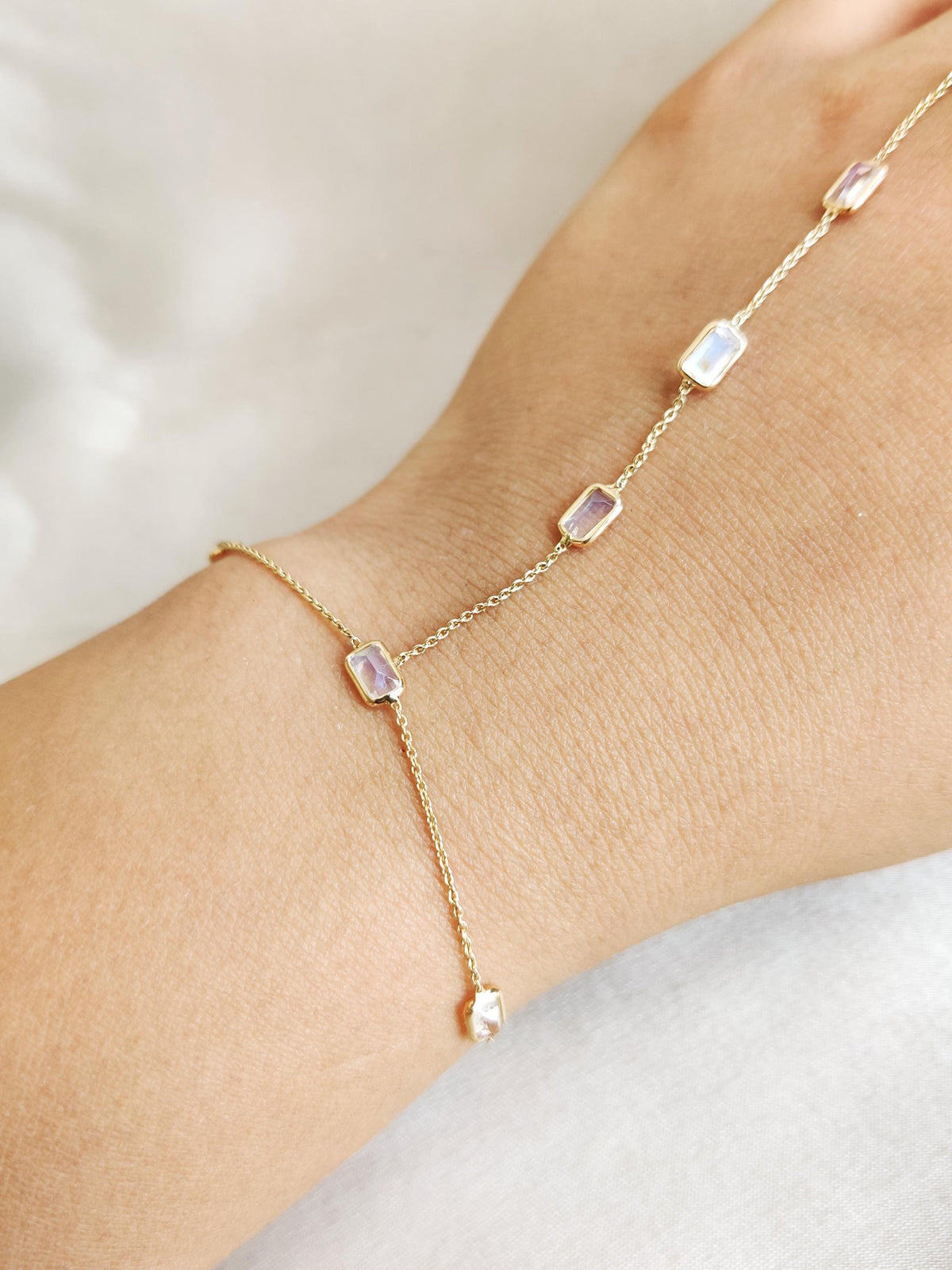 Natural Rainbow Moonstone Hand Chain Bracelet Ring, 14K Solid Yellow Gold Ring, June Birthstone,