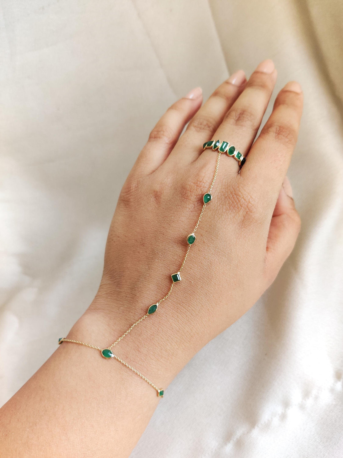 Natural Emerald Hand Chain Bracelet Ring, 14K Solid Yellow Gold Ring, May Birthstone Ring,