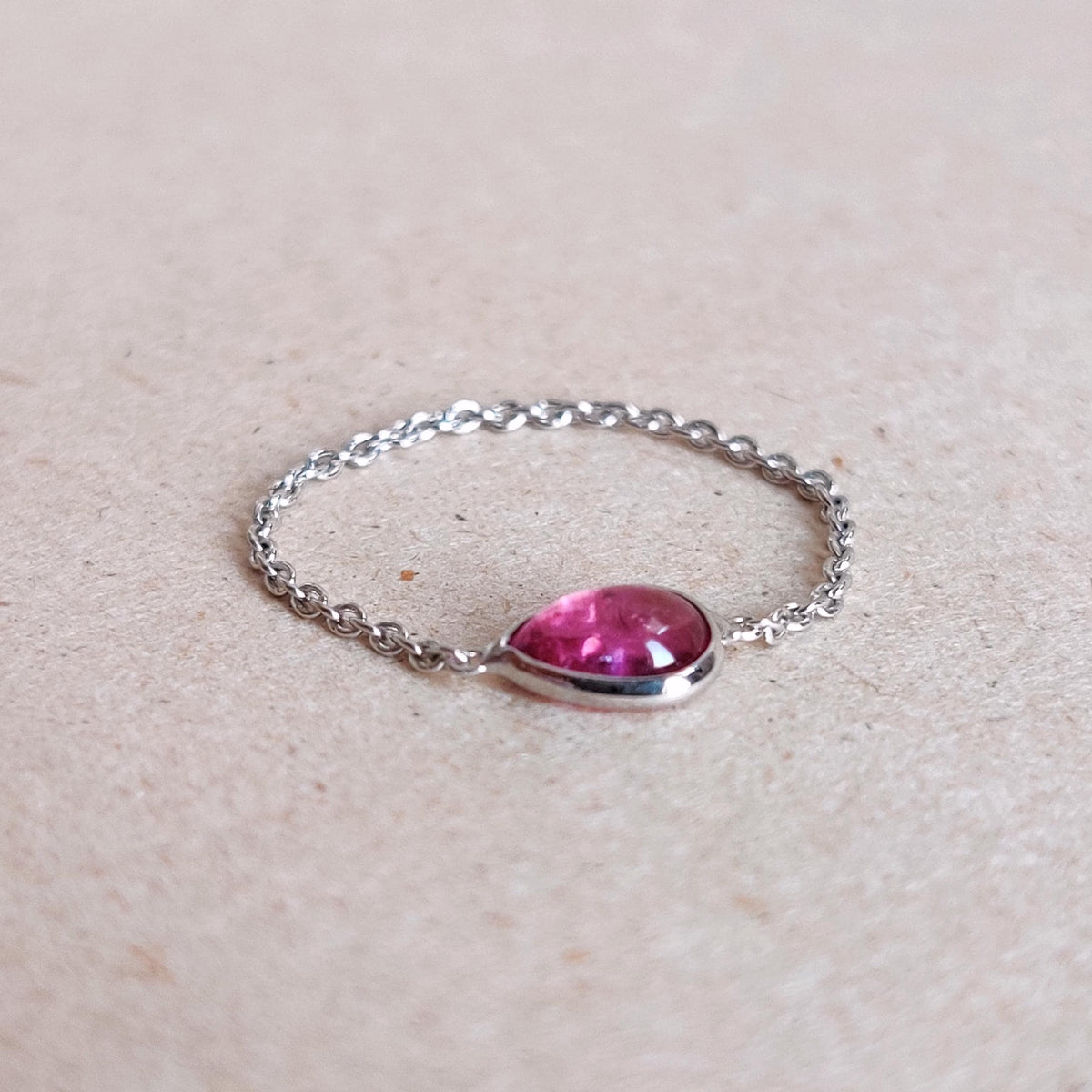 Natural Pink Tourmaline 14K Solid White Gold Chain Ring,  October Birthstone Ring,