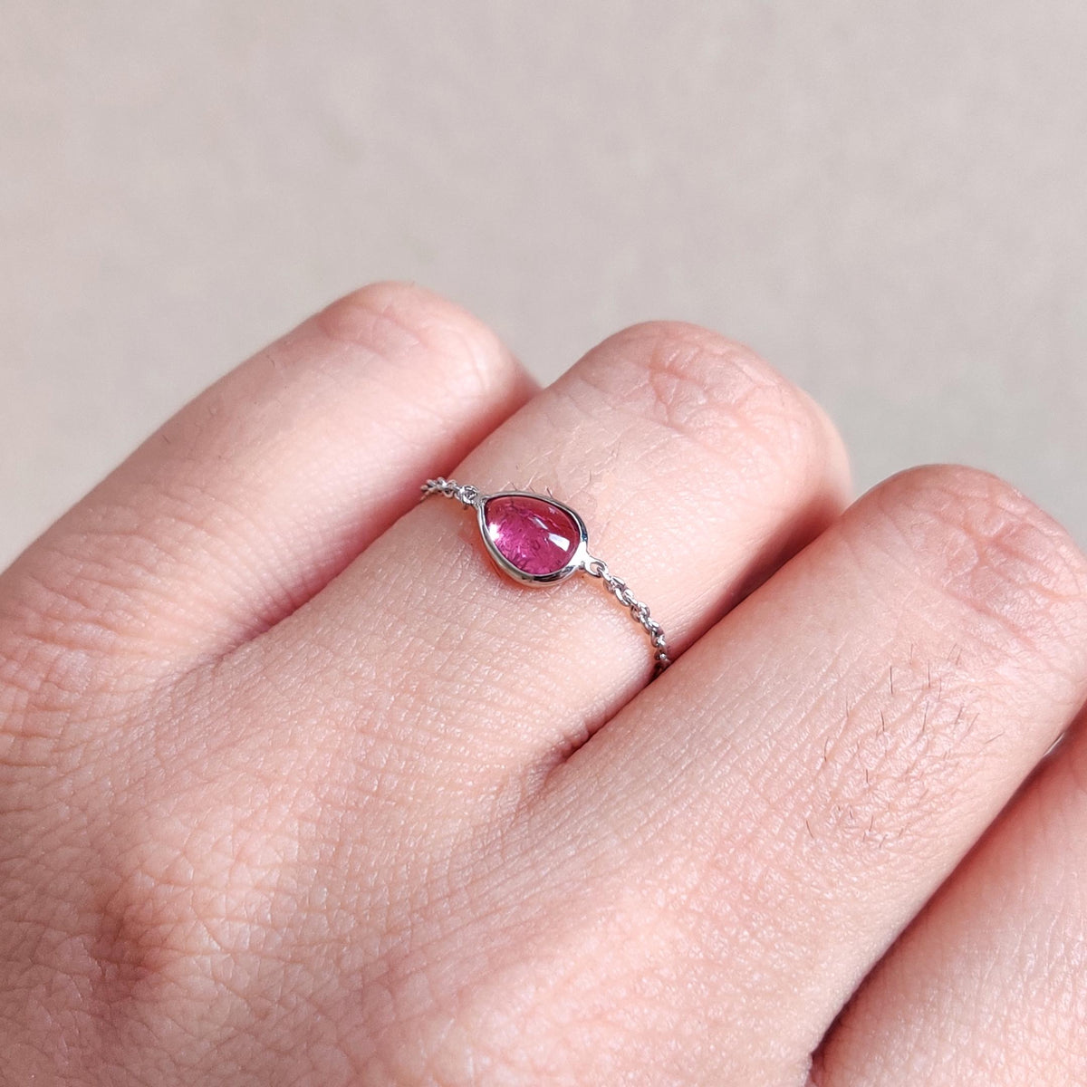Natural Pink Tourmaline 14K Solid White Gold Chain Ring,  October Birthstone Ring,