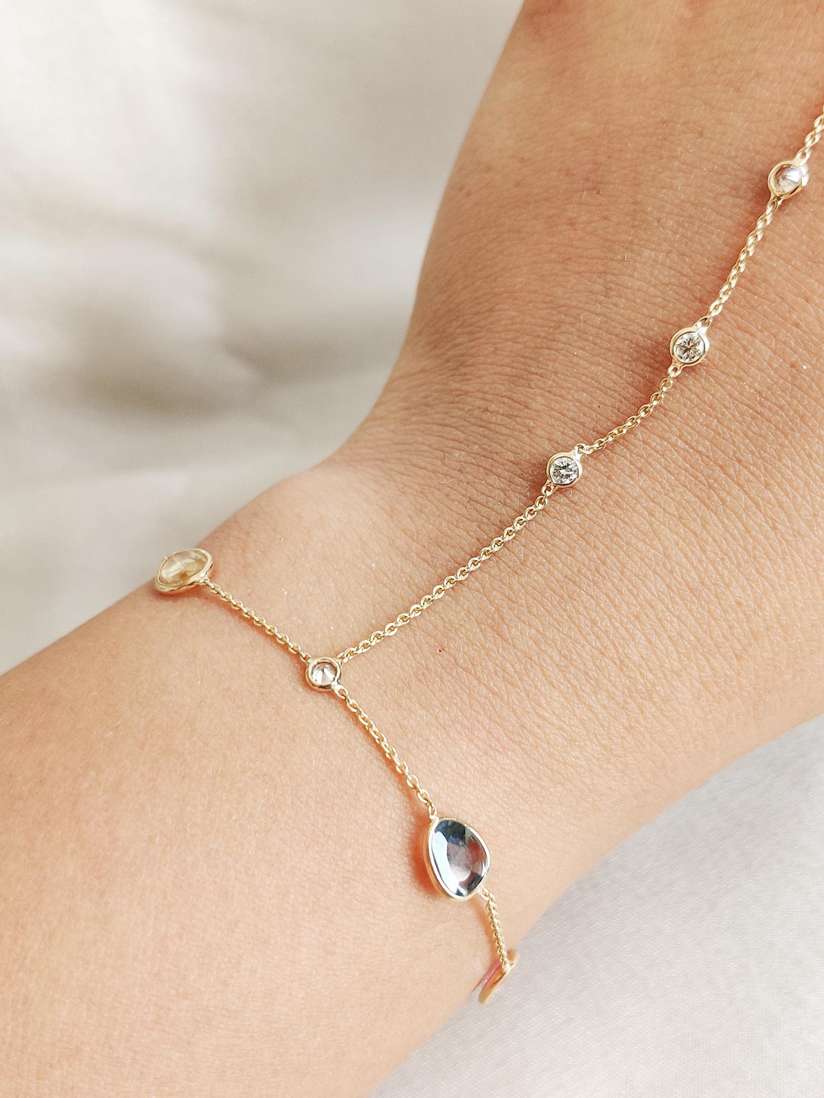 Natural Multi Sapphire & Diamond Hand Chain Bracelet Ring, 14K Solid Yellow Gold Ring, Sept Birthstone,
