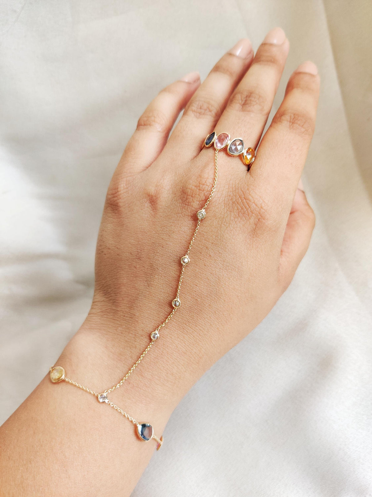 Natural Multi Sapphire & Diamond Hand Chain Bracelet Ring, 14K Solid Yellow Gold Ring, Sept Birthstone,