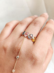 Natural Multi Sapphire & Diamond Hand Chain Bracelet Ring, 14K Solid Yellow Gold Ring, Sept Birthstone,