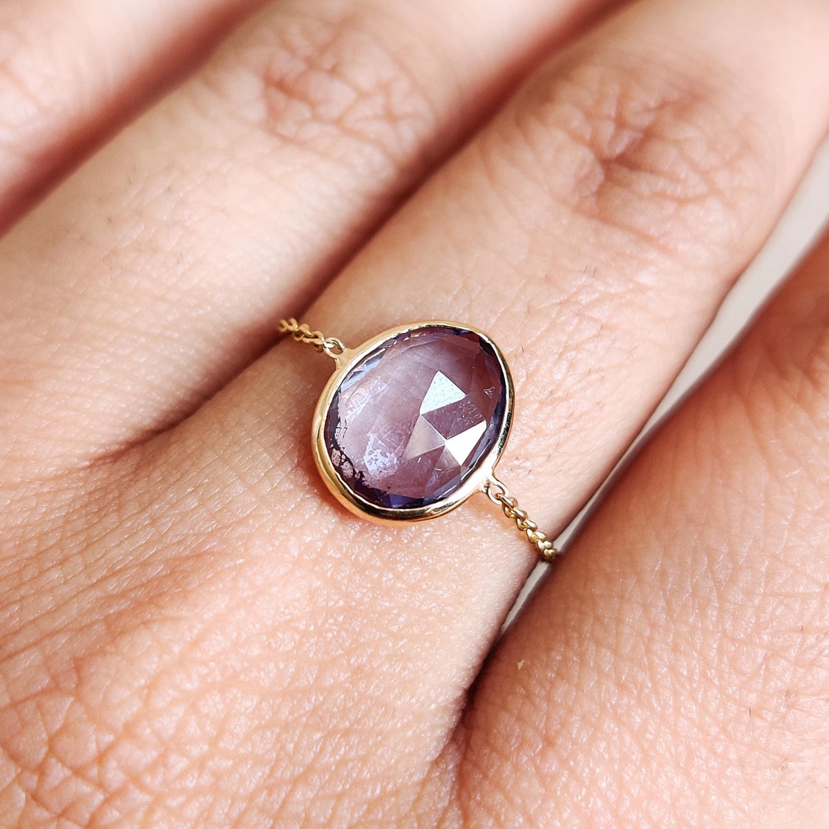 Natural Oval Cut Tanzanite 14K Solid Yellow Gold Chain Ring, December Birthstone, Christmas Present