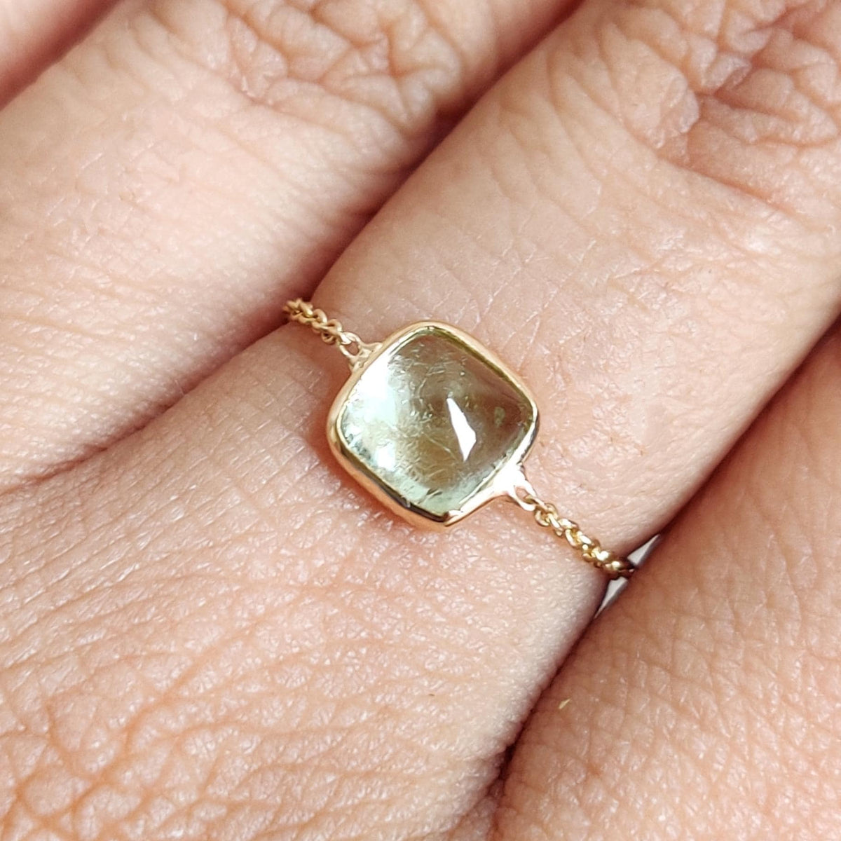 Natural Green Tourmaline 18K Solid Gold Chain Ring, October Birthstone, Christmas Present