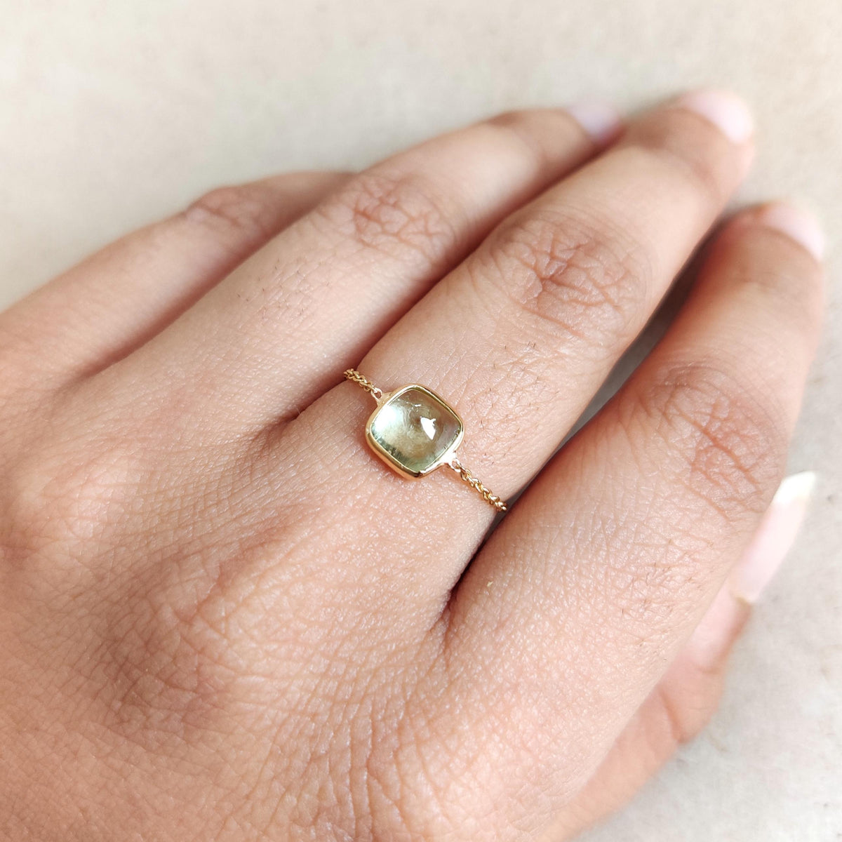 Natural Green Tourmaline 18K Solid Gold Chain Ring, October Birthstone, Christmas Present