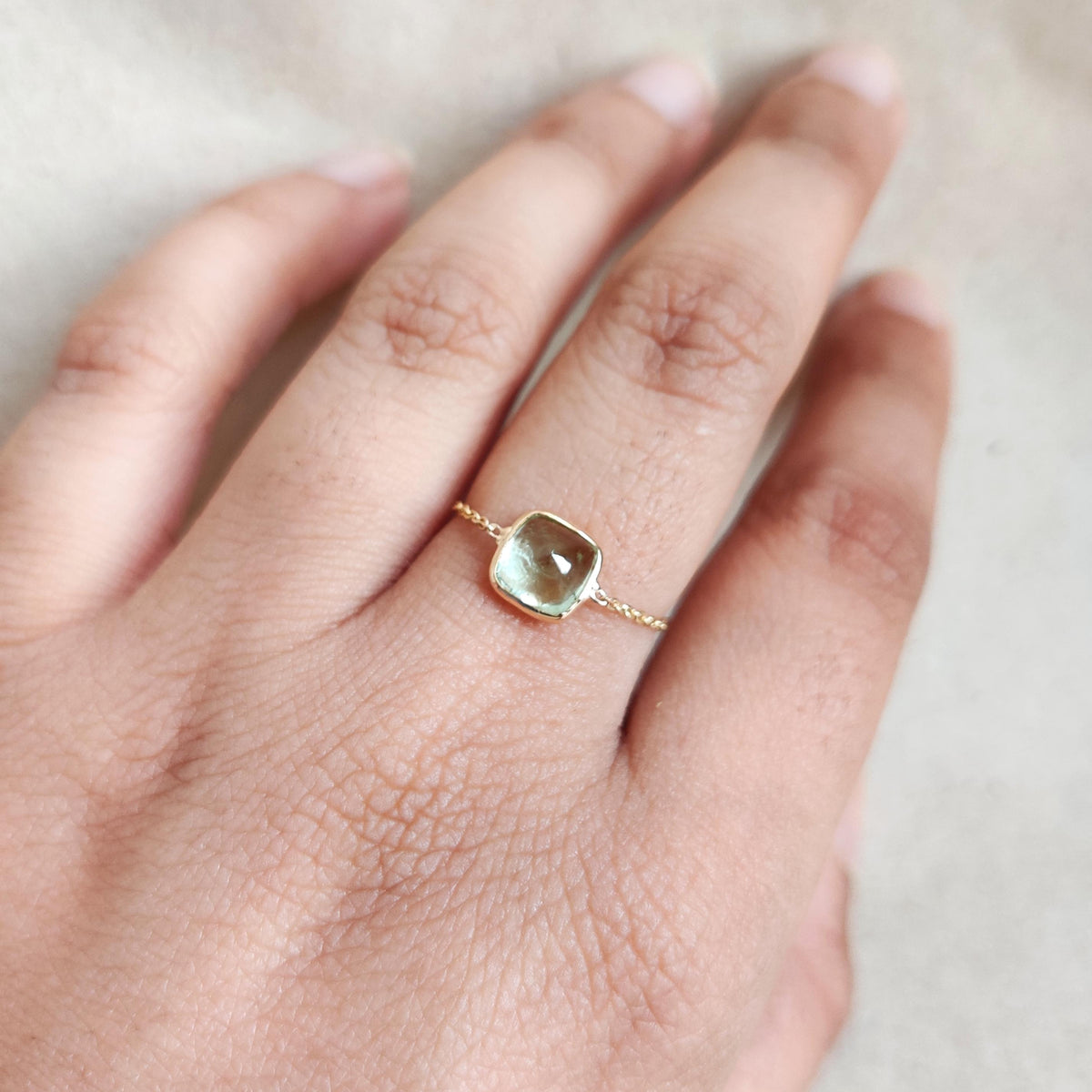 Natural Green Tourmaline 18K Solid Gold Chain Ring, October Birthstone, Christmas Present
