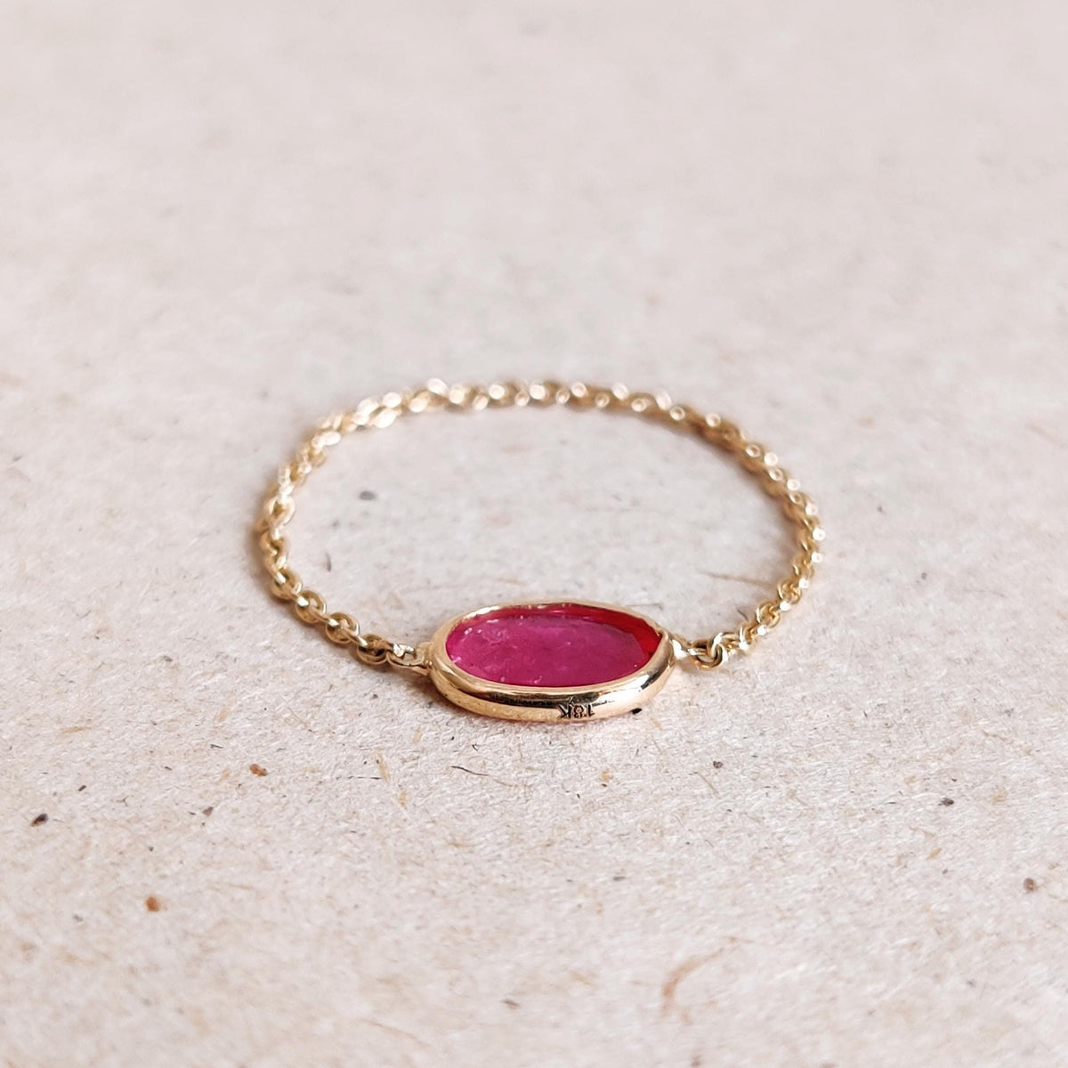 Natural Oval Cut Ruby 14K Solid Gold Chain Ring, July Birthstone, Bezel Set Ring