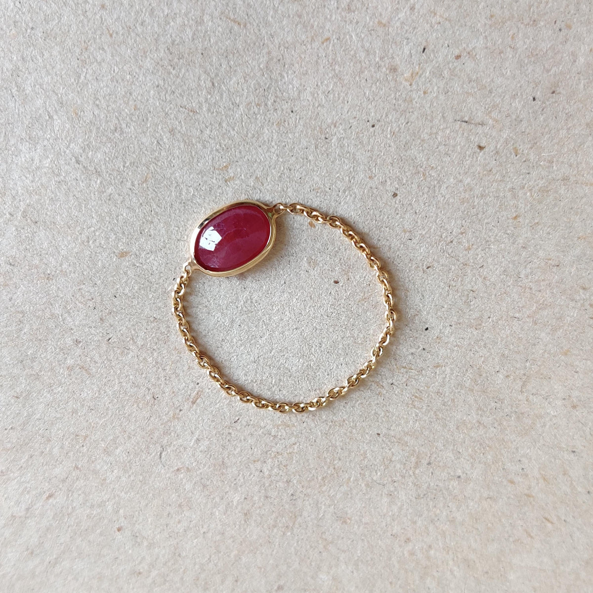 Natural Oval Ruby 14K Solid Yellow Gold Chain Ring, July Birthstone Ring, Bezel Jewelry,